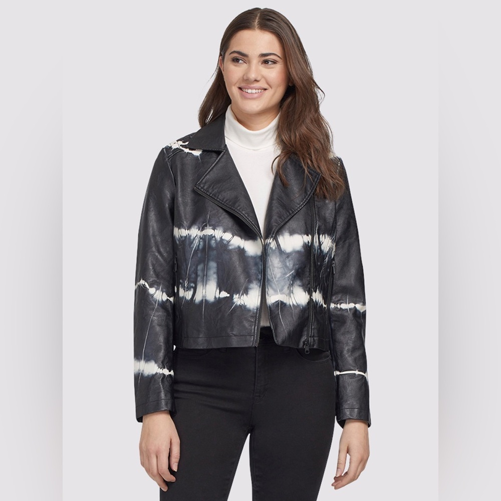 Tribal Black & White Tie-Dye Leather Biker Jacket Small